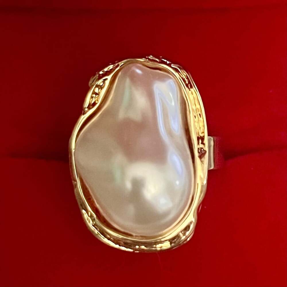 Chunky Gold Baroque Pearl Statement Ring Adjustable Size 6-9